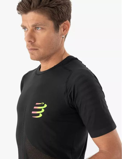 Camiseta Compressport Racing SS Hombre - Black Safe Yellow